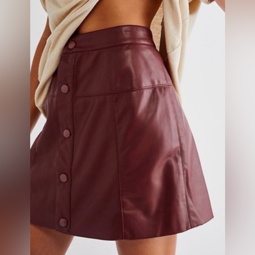 Free People Burgundy Brown Faux Leather Mini Skirt